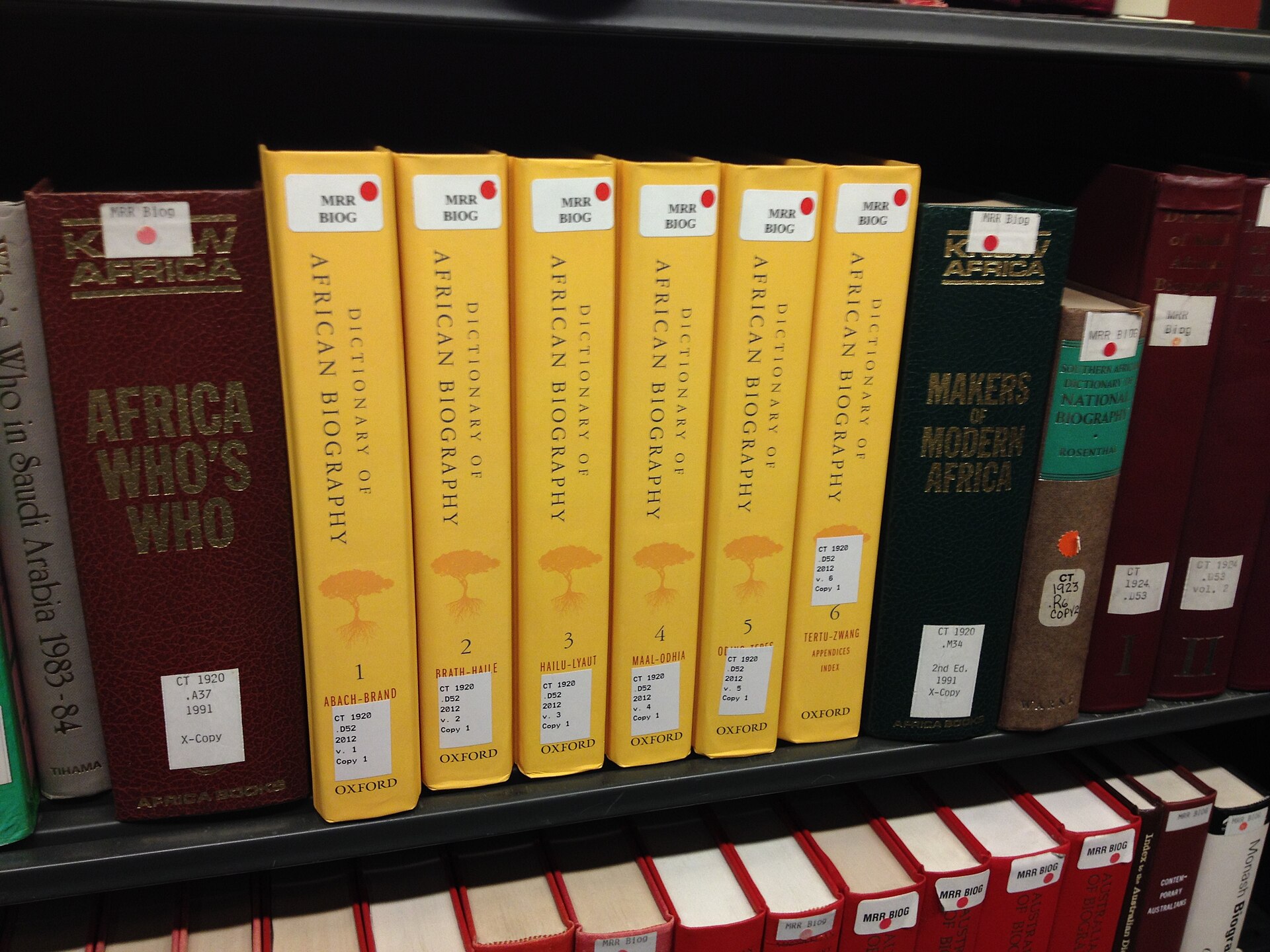 Rangée de dictionnaires et d'ouvrages de référence sur une étagère de bibliothèque